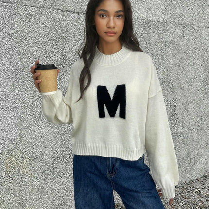 Women's Letter Print Pullover Knit Sweater Round Neck Loose Contrast Color Top