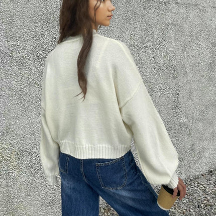 Women's Letter Print Pullover Knit Sweater Round Neck Loose Contrast Color Top