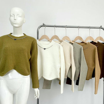 Women's Round Neck Hanging Chain Long Sleeve Solid Color Sweater Casual Knit Top