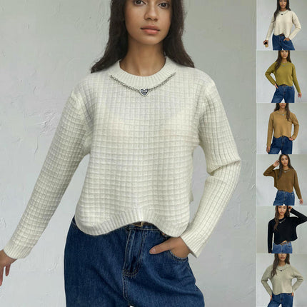 Women's Round Neck Hanging Chain Long Sleeve Solid Color Sweater Casual Knit Top