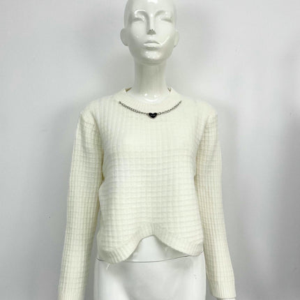 Women's Round Neck Hanging Chain Long Sleeve Solid Color Sweater Casual Knit Top