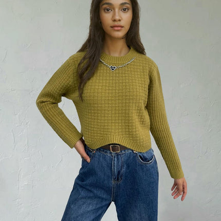 Women's Round Neck Hanging Chain Long Sleeve Solid Color Sweater Casual Knit Top