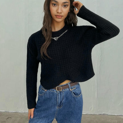 Women's Round Neck Hanging Chain Long Sleeve Solid Color Sweater Casual Knit Top