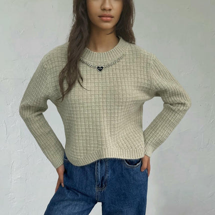 Women's Round Neck Hanging Chain Long Sleeve Solid Color Sweater Casual Knit Top