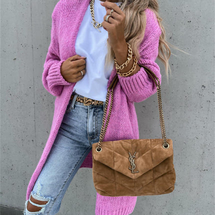 Women's Solid Color Knitted Cardigan Long Sleeve Mid-length Sweater Coat