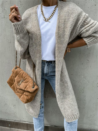 Women's Solid Color Knitted Cardigan Long Sleeve Mid-length Sweater Coat