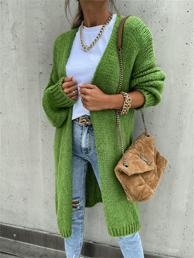 Women's Solid Color Knitted Cardigan Long Sleeve Mid-length Sweater Coat