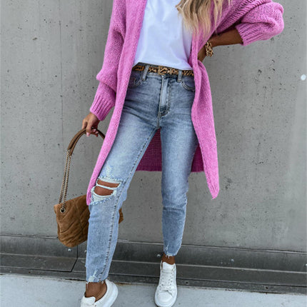 Women's Solid Color Knitted Cardigan Long Sleeve Mid-length Sweater Coat