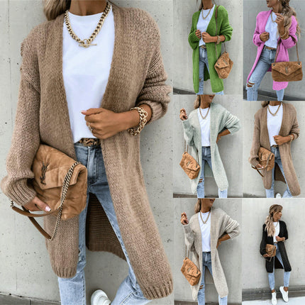 Women's Solid Color Knitted Cardigan Long Sleeve Mid-length Sweater Coat