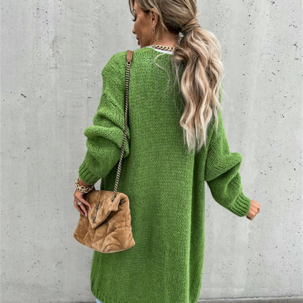 Women's Solid Color Knitted Cardigan Long Sleeve Mid-length Sweater Coat