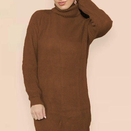 Women's Solid Color Knitted Sweater Dress High Collar Mid-length Pullover Dress