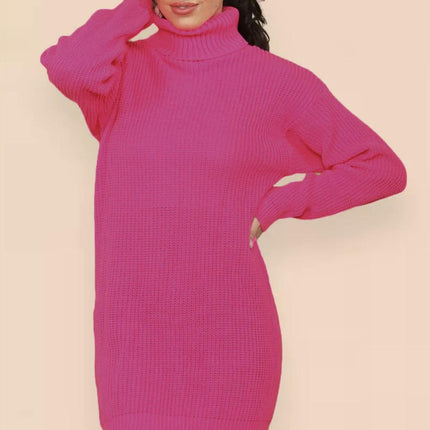 Women's Solid Color Knitted Sweater Dress High Collar Mid-length Pullover Dress