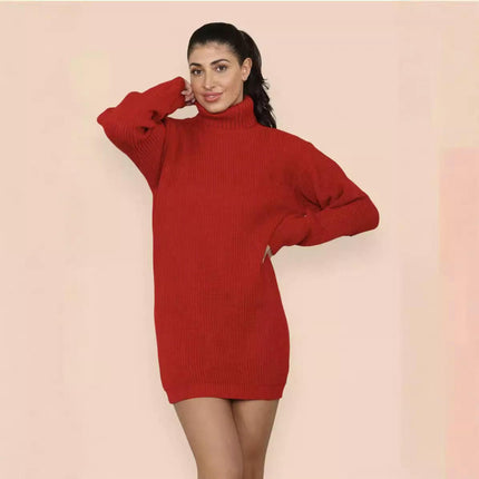 Women's Solid Color Knitted Sweater Dress High Collar Mid-length Pullover Dress