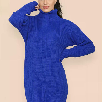 Women's Solid Color Knitted Sweater Dress High Collar Mid-length Pullover Dress