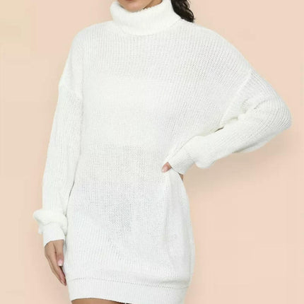 Women's Solid Color Knitted Sweater Dress High Collar Mid-length Pullover Dress