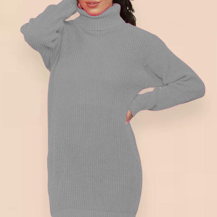 Women's Solid Color Knitted Sweater Dress High Collar Mid-length Pullover Dress