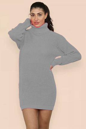 Women's Solid Color Knitted Sweater Dress High Collar Mid-length Pullover Dress
