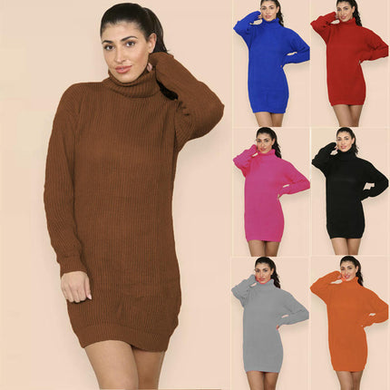 Women's Solid Color Knitted Sweater Dress High Collar Mid-length Pullover Dress