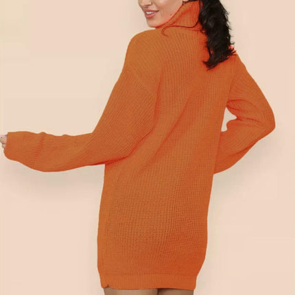 Women's Solid Color Knitted Sweater Dress High Collar Mid-length Pullover Dress