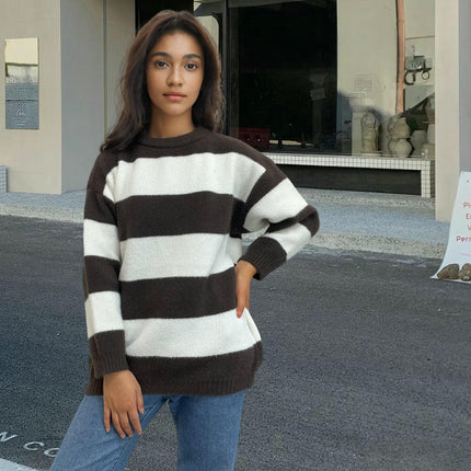 Women's Striped Knitted Sweater Round Neck Long Sleeve Pullover Sweater Top