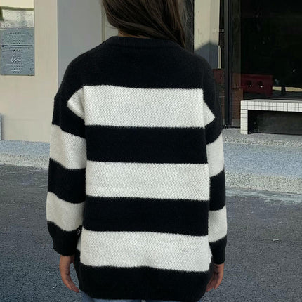 Women's Striped Knitted Sweater Round Neck Long Sleeve Pullover Sweater Top