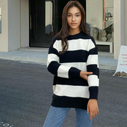 Women's Striped Knitted Sweater Round Neck Long Sleeve Pullover Sweater Top
