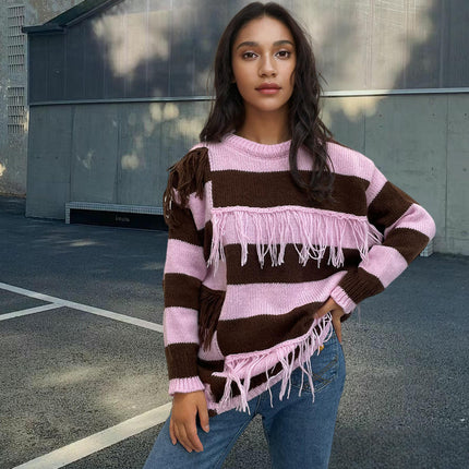 Women's Colorblock Striped Sweater Round Neck Tassel Long Sleeve Loose Pullover