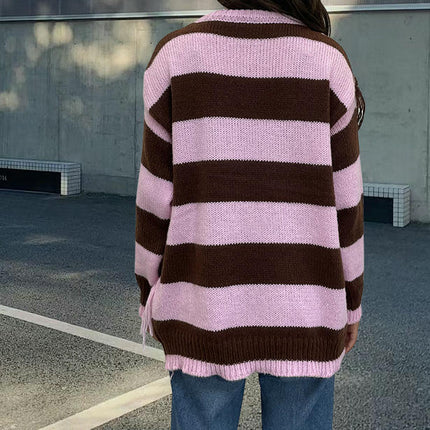 Women's Colorblock Striped Sweater Round Neck Tassel Long Sleeve Loose Pullover