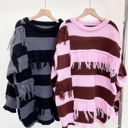 Women's Colorblock Striped Sweater Round Neck Tassel Long Sleeve Loose Pullover