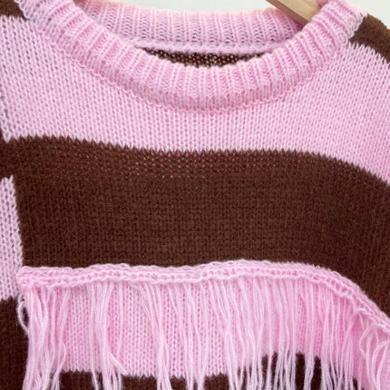 Women's Colorblock Striped Sweater Round Neck Tassel Long Sleeve Loose Pullover