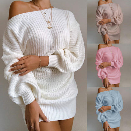 Women's Fashion Sexy Off-the-shoulder Lantern Sleeve Knitted Sweater Dress