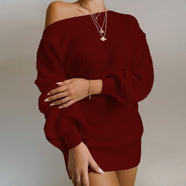 Women's Fashion Sexy Off-the-shoulder Lantern Sleeve Knitted Sweater Dress