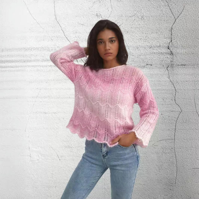 Women's Lightweight Hollow Knit Sweater Long Sleeve Gradient Color Pullover