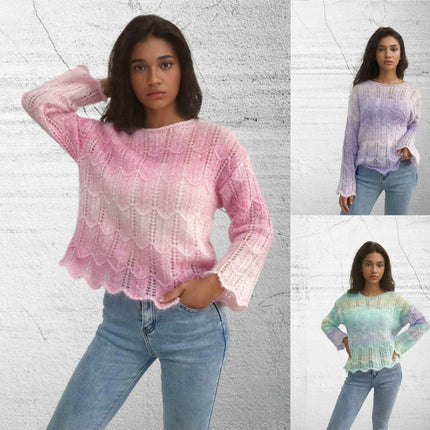Women's Lightweight Hollow Knit Sweater Long Sleeve Gradient Color Pullover