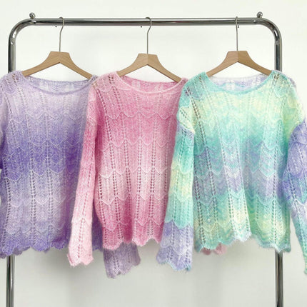 Women's Lightweight Hollow Knit Sweater Long Sleeve Gradient Color Pullover