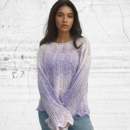 Women's Lightweight Hollow Knit Sweater Long Sleeve Gradient Color Pullover