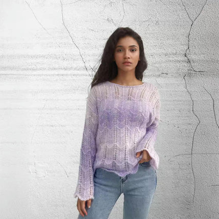 Women's Lightweight Hollow Knit Sweater Long Sleeve Gradient Color Pullover