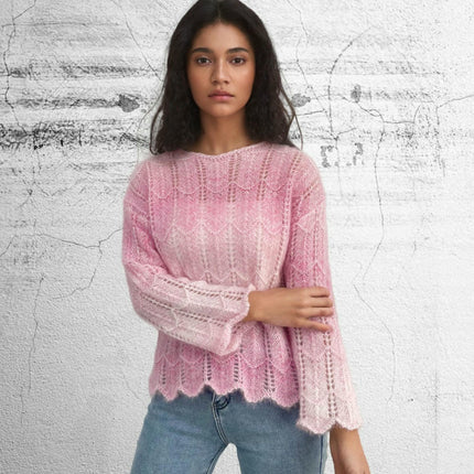 Women's Lightweight Hollow Knit Sweater Long Sleeve Gradient Color Pullover
