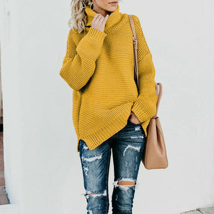 Women's Mid-Length Turtleneck Pullover - Long Sleeve Casual Slit Knit Top