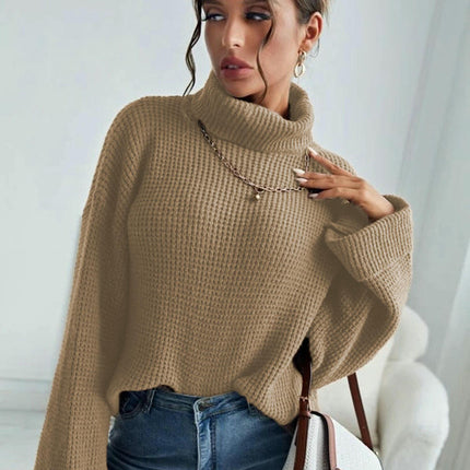 Women's Solid Color Turtleneck Pullover - Long Sleeve Casual Loose Knit Top