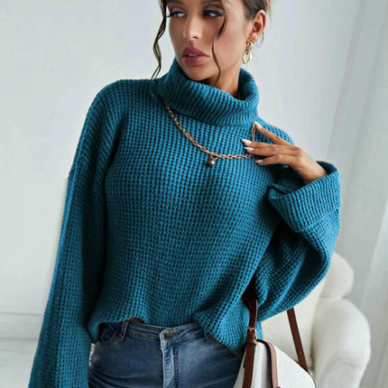 Women's Solid Color Turtleneck Pullover - Long Sleeve Casual Loose Knit Top