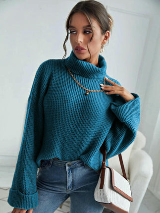Women's Solid Color Turtleneck Pullover - Long Sleeve Casual Loose Knit Top