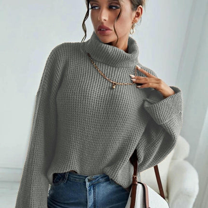 Women's Solid Color Turtleneck Pullover - Long Sleeve Casual Loose Knit Top