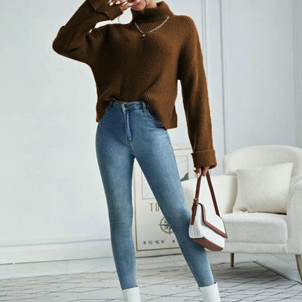 Women's Solid Color Turtleneck Pullover - Long Sleeve Casual Loose Knit Top
