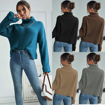 Women's Solid Color Turtleneck Pullover - Long Sleeve Casual Loose Knit Top
