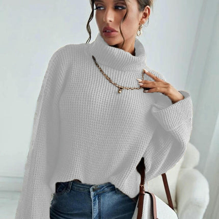 Women's Solid Color Turtleneck Pullover - Long Sleeve Casual Loose Knit Top