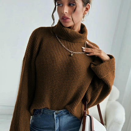 Women's Solid Color Turtleneck Pullover - Long Sleeve Casual Loose Knit Top