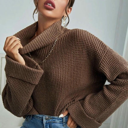 Women's Solid Color Turtleneck Pullover - Long Sleeve Casual Loose Knit Top