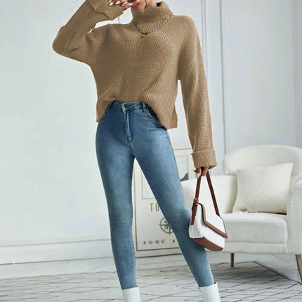 Women's Solid Color Turtleneck Pullover - Long Sleeve Casual Loose Knit Top