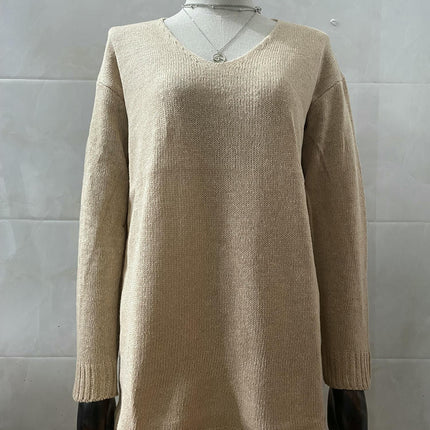 Women's Solid Color V-Neck Pullover - Long Sleeve Casual Loose Knit Sweater Top